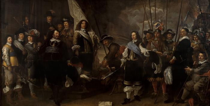 Schutters van de compagnie van kapitein Joan Huydecoper en luitenant Frans Oetgens van Waveren bij het sluiten van de Vrede van Munster, Govert flinck